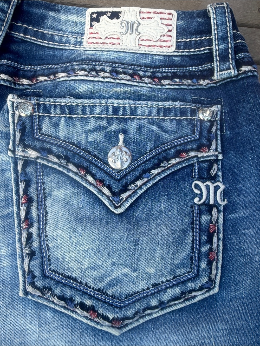 Miss Me Women's Red, White, Blue Embroidered Pocket Jeans